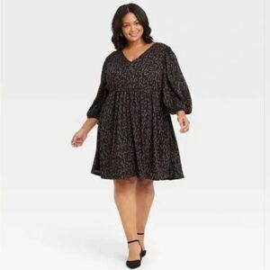 Ava & Viv Black Floral Print Dress V-neck Women's Size X/14W Balloon Sleeves